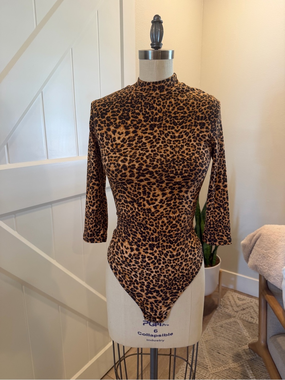 Good Luck Gem Leopard Print Mock Neck Bodysuit - Brown/Black